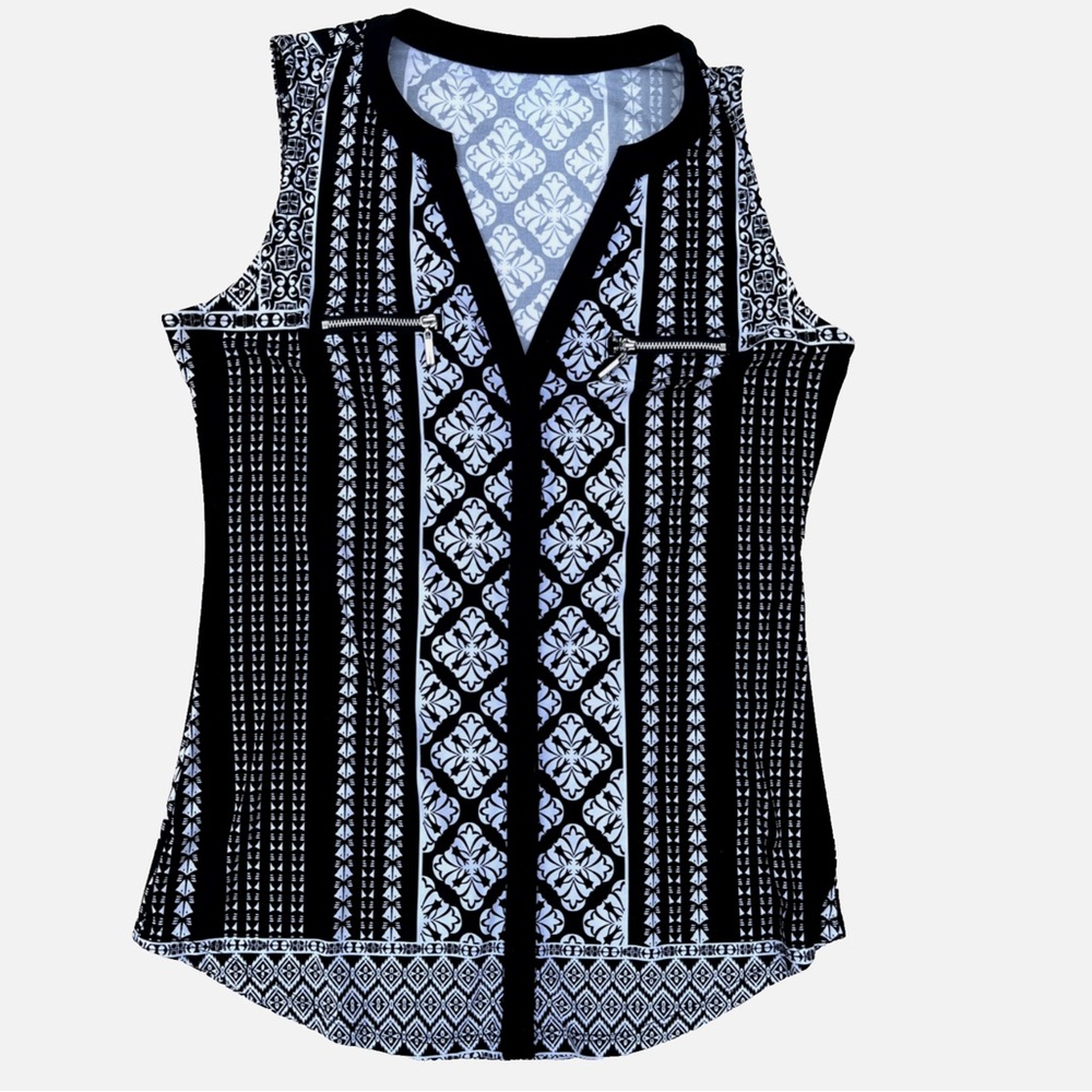 CARMEN MARC Valvo Top Women's Small Black White‎ Zipper Detail Sleeveless EUC